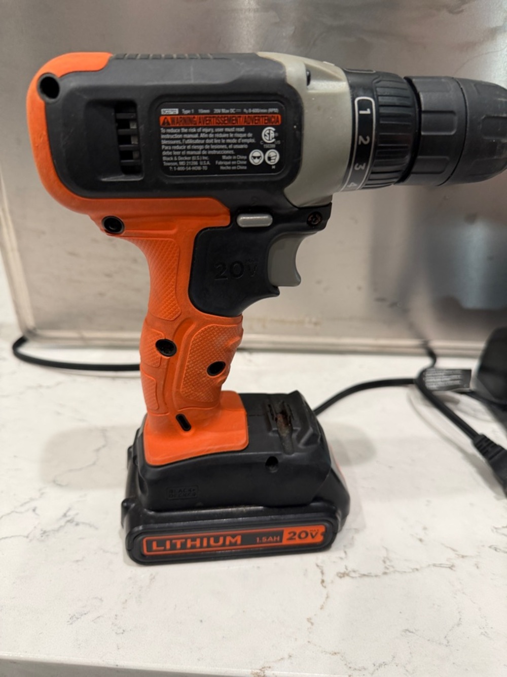 **SOLD** Black & Decker Black and Orange 20V Fast Charger and Drill